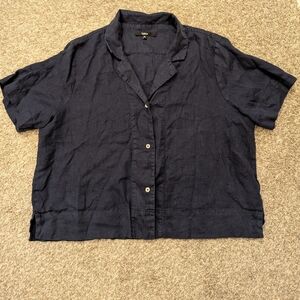 Quince Navy Blue European Linen Short Sleeve Button Up Women's Size XL